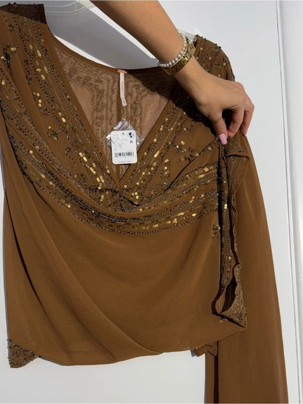 NWT Free People Brown Beaded Calla Embellished Cape Western Top - Picture 3 of 13